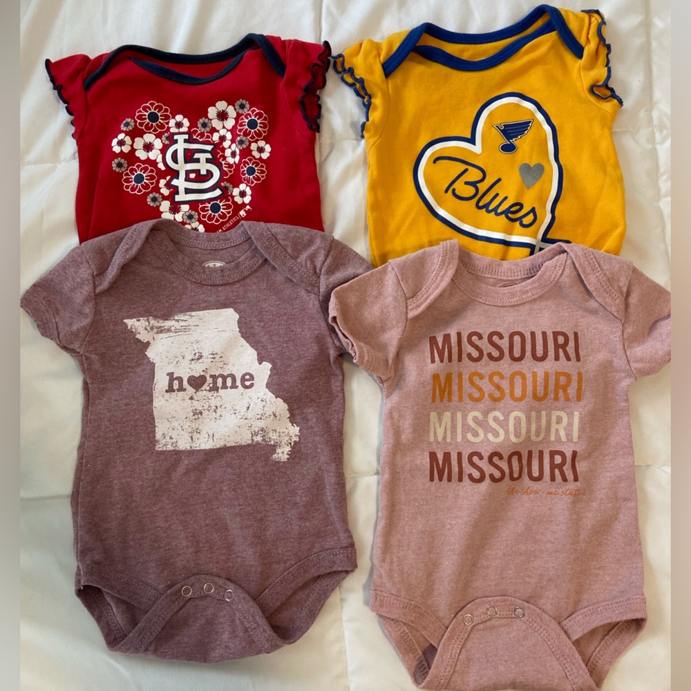 Baby Girl onesies: Missouri, St Louis, NHL Blues, MLB Cardinals